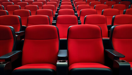 Fototapeta premium Rows of comfortable red theater seats in a modern cinema, ready for a movie.