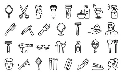 Collection of hand drawn barber shop and hair salon tools and accessories for grooming and styling hair