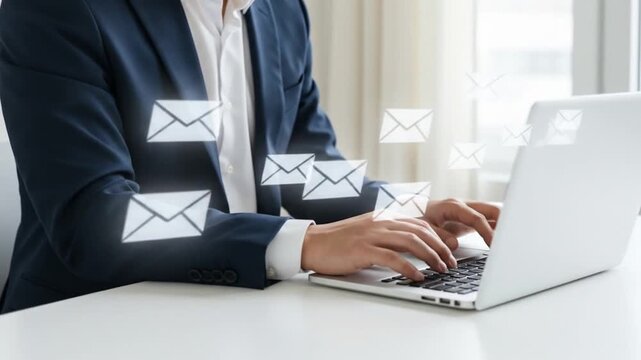 A person in a suit types on a laptop. Floating email icons illustrate digital communication and work. White table and a window