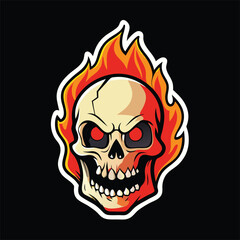 Obraz premium Cartoon human skull engulfed by bright orange flames with a solid black background is visible
