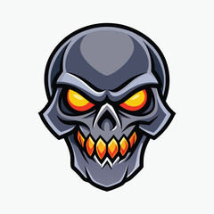 Fototapeta premium A stylized gray skull with glowing orange eyes and teeth stares intensely forward