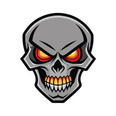 A gray skull shows bright orange eyes and teeth in a image