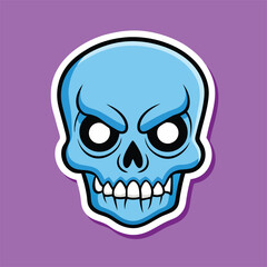 Obraz premium Cartoon blue skull with menacing eyes looks aggressively over the viewer on purple background