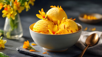 A porcelain bowl filled with two scoops of vibrant mango ice cream