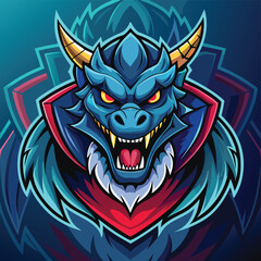 Obraz premium Roaring Blue Dragon E Sports Mascot Logo with Golden Horns and Red Accents