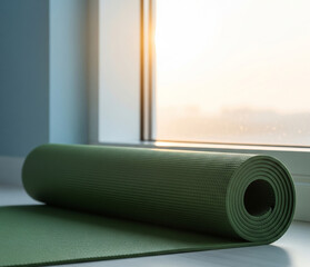 Mockup Of Rolled Yoga Mat Beside Window With Warm Sunrise Light