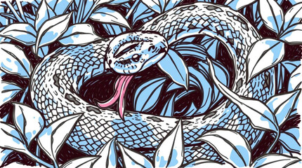 A light blue snake, partially concealed amidst lush, stylized foliage, its tongue flicking out.