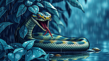 A vibrant digital illustration of a large snake in a lush, rainy jungle environment.