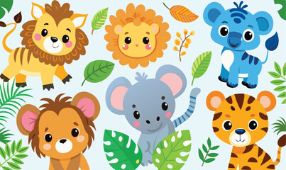 Naklejka premium Cartoon animals including lions, koala, monkey, and tiger are set against a light blue backdrop