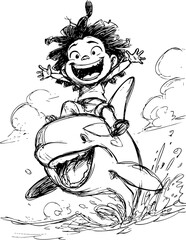 Coloring page of a cheerful child riding a jumping orca whale with arms raised in joy, cartoon-style black and white line art filled with motion and excitement.
