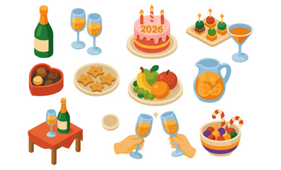 Celebratory new year elements with cake, drinks, and festive treats for 2026