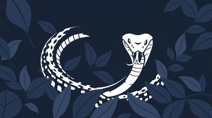 A stylized white cobra, poised to strike, amidst dark foliage.