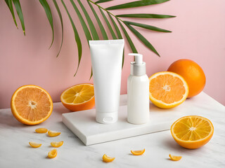 Orange cosmetic cream, beauty lotion, and juice are in plastic and glass containers for clean body care