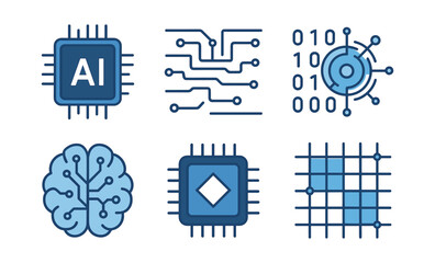 Fototapeta premium Ai technology icons: circuit board, brain, and data in modern flat design