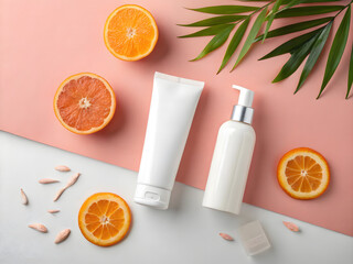 Orange cosmetic cream, beauty lotion, and juice are in plastic and glass containers for clean body care
