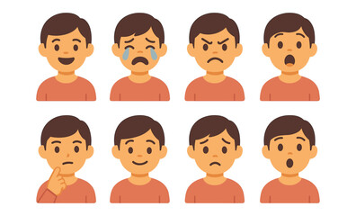 Fototapeta premium Flat style emotions set: boy expressing joy, sadness, anger, and surprise