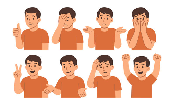 Set of cartoon characters expressing different emotions through gestures
