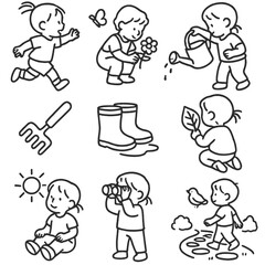 Naklejka premium Toddler Nature Icons. Outline style icons of Toddler and Nature: chasing butterfly, picking flower, watering can, tiny rake, muddy