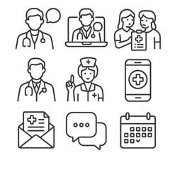 Medical Communication Icons. Outline style icons of Medical Communication: doctor with speech bubble, virtual consultation,