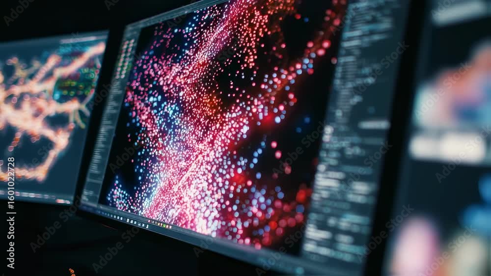 Poster complex algorithms processing vast data, visualized through vibrant particle simulations on a comput