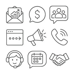 Business Communication Icons. Outline style icons of Business Communication: email with graph, chat bubble with dollar sign, team