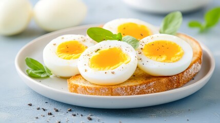 A close-up of perfectly cooked soft-boiled eggs served on toasted bread, garnished with fresh basil and sprinkled with black pepper, Ideal for food blogs, cookbooks, or breakfast menus,
