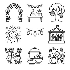 Festive Park Icons. Outline style icons of Park Celebrations and Festivals: outdoor wedding arch, birthday party table, lanterns