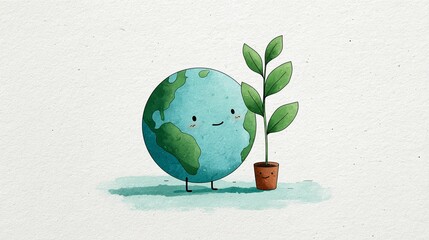 Earth illustration with smiling face and potted plant

