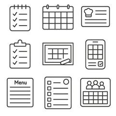 Pantry Planning Icons. Outline style icons of Pantry Planning Tools: checklist notepad, meal calendar, recipe card, shopping list,