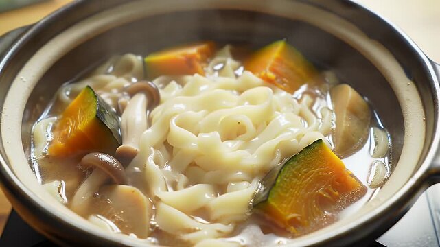 Close Up Hoto Noodles with Pumpkin and Mushrooms in a Clay Pot Yamanashi Regional Cuisine