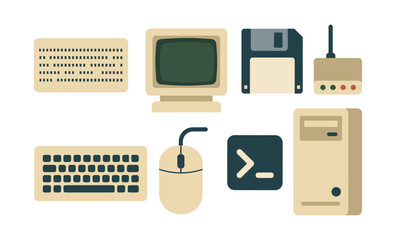 Vintage computer technology icons in retro flat style