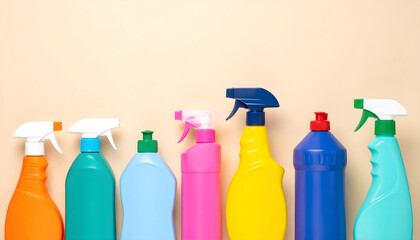 A colorful array of vibrant cleaning product bottles with spray nozzles stands neatly lined up against a minimalist background