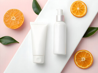 Orange cosmetic cream, beauty lotion, and juice are in plastic and glass containers for clean body care