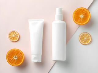 Orange cosmetic cream, beauty lotion, and juice are in plastic and glass containers for clean body care
