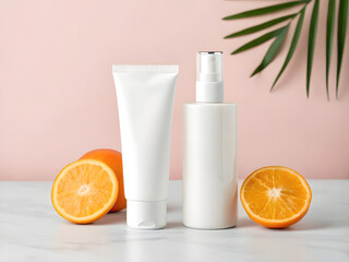 Orange cosmetic cream, beauty lotion, and juice are in plastic and glass containers for clean body care