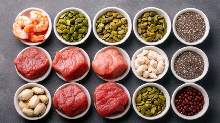A variety of fresh seafood, meats, seeds, and nuts arranged in white bowls against a textured background, Ideal for culinary, nutrition, or food-related projects to showcase healthy eating options,