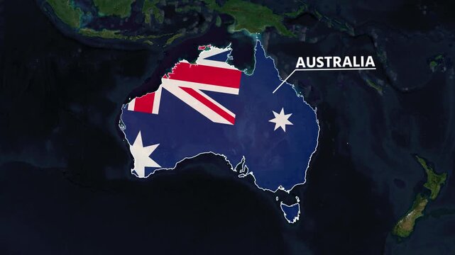 Zoom from Earth to Australia. (Country Flag) World map animation with highlighted country borders. Satellite 3d world map animation highlights aerial views, tourism, and travel. 4k