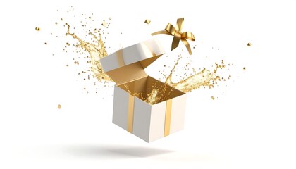 Open gift box with gold splashes