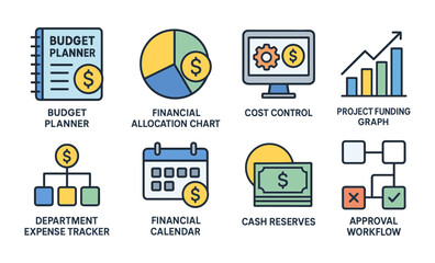 Financial planning icons set featuring charts, graphs, and budgeting tools in linear style
