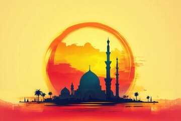 Obraz premium Silhouette of a mosque against a sunset background