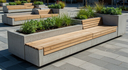 An expansive view of contemporary concrete benches with light wood seating, each featuring integrated planters overflowing with lush green plants and grasses