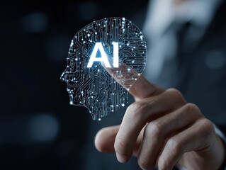 AI agent and generative artificial intelligence. Robotic processes automation and data analysis. Businessman touching head and AI icon on application network system.