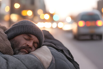 Man sleeping on sidewalk, wearing a beanie, with city lights blurred in the background, suggesting homelessness and urban struggle.