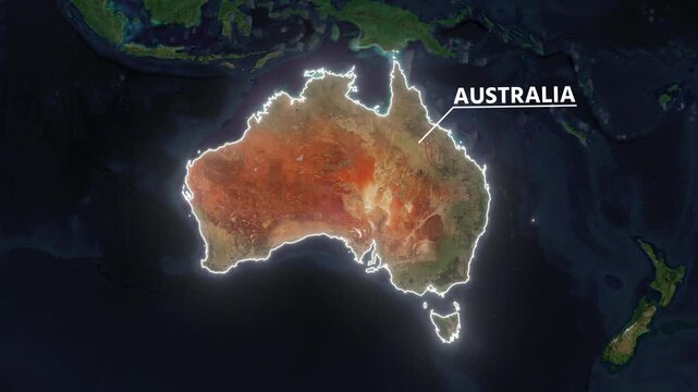 Zoom from Earth to Australia. Glow outline map animation satellite view with highlighted country borders. Cinematic documentary 3d world map animation highlights aerial views, tourism, and travel. 4k