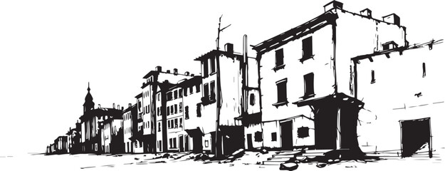 Fototapeta premium City landscape. Different buildings on street, outline cityscape hand sketch, flat houses. Hand drawn vector illustration