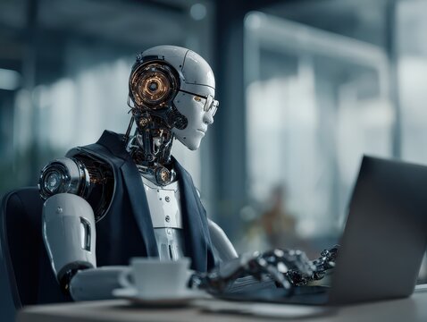 AI agent robot supporting business processes with automation technology. Generative artificial intelligence analyzing data and generating reports. Businessman using laptop