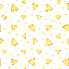 Seamless watercolor pattern with lemon slices and watercolor spots. Juicy fresh summer print for children's clothing, culinary textiles, fabrics, and wrapping paper. Lemon juice.