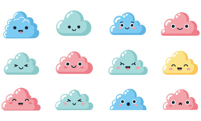 Fototapeta premium Cute Kawaii Cloud Vector Set: Happy and Expressive Weather Illustrations for Children