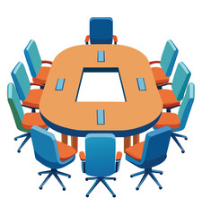 Table and chairs illustration in office meeting room with computer and laptop