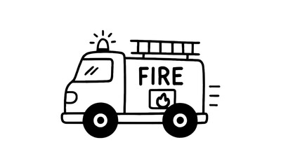 Hand drawn black and white fire truck illustration isolated on white